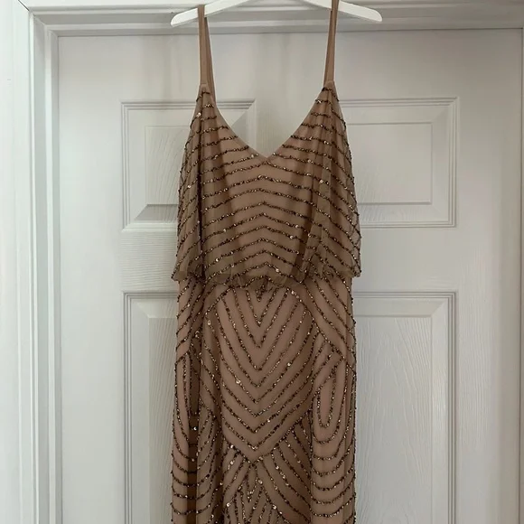 Adrianna Papell Art Deco Beaded Blouson Gown in Taupe Pink - Picture 5 of 9